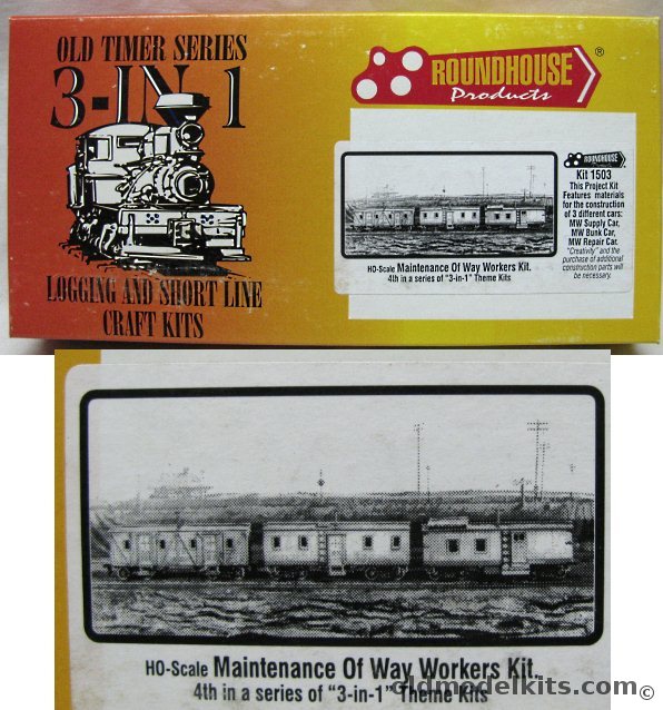 Roundhouse HO 3 Maintenance of Way Cars - Supply Car - Bunk Car - Repair Car - 3-In-1 Old Timer Logging and Short Lines HO Craft Kit, 1503 plastic model kit